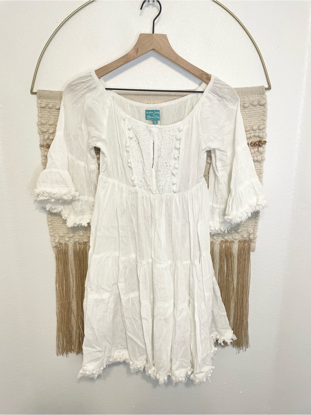 Amtica Santoria White Gauze OTS Mini Dress Coverup Beaded OS